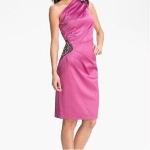 Eliza J Pink Satin One Shoulder Dress with Side Embellishment